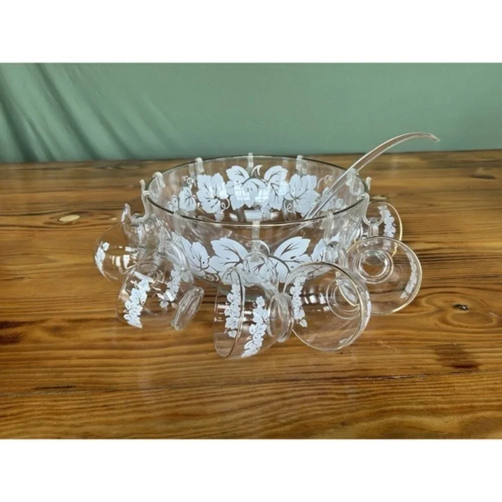 22-PC Vintage Anchor Hocking White Grapes Gold Trim Punchbowl Cups Hangers Ladle